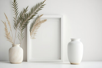A little contemporary white vase, a dried palm leaf, and an empty vertical white wooden picture frame mockup are placed in front of a white wall. Generative AI