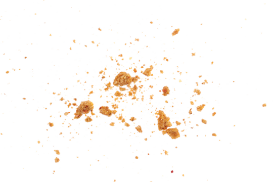 Pile cake crumbs, cookie flying isolated on white, clipping path