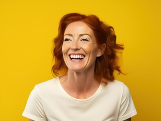 Close-Up Portrait of a Middle-Aged Redhead Woman Laughing. Isolated on a plain colored background. Generative AI.