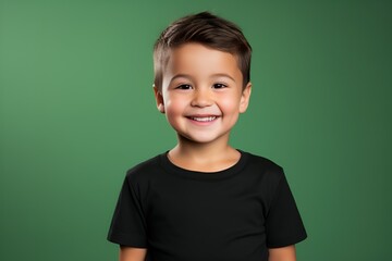 Close-Up Portrait of a Fictional Young Little Boy Smiling Candidly. Isolated on a plain colored background. Generative AI.