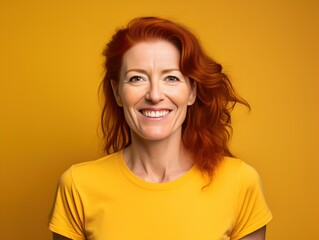 Close-Up Portrait of a Fictional Middle-Aged Redhead Woman Wearing Casual Blank Orange T-Shirt and Smiling. isolated on a Plain Orange Colored Background. Generative AI.