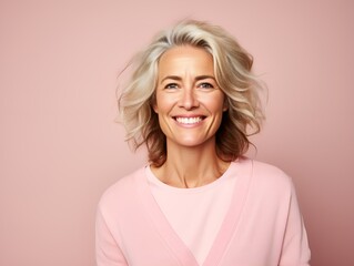 Close-Up Portrait of a Fictional Mature Woman Wearing Casual Pink Shirt and Smiling. isolated on a...