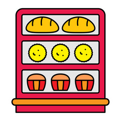 Efficient hot food display counter concept, Food Warmer Hot Case vector icon design, Bakery and Baked Goods symbol, Culinary and Kitchen Education sign, Recipe development stock illustration