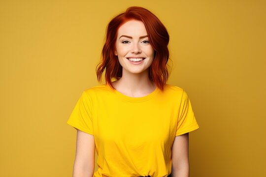 Close-Up Portrait of a Beautiful Fictional Young Redhead Woman Laughing. Isolated on a plain yellow colored background. Generative AI.