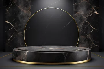 Fotobehang round shape black marble podium for cosmetics and product photography 3d render background © Dina