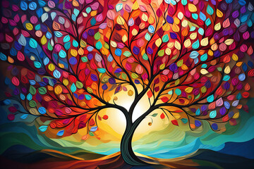 colorful tree with autumn leaves,illustrated drawing of an autumn tree with colored leaves, paint drawing, generative ai