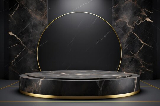 round shape black marble podium for cosmetics and product photography 3d render background