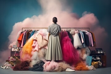 woman standing near rack with pile of clothes. Fast fashion and consumerism social issue.	