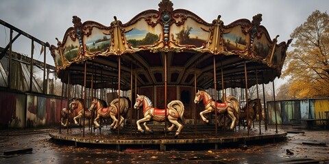 Abandoned amusement park, a gust of wind magically brings a carousel to life , concept of Desolation