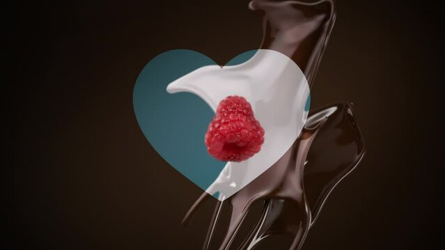 Dark chocolate fresh raspberry and milk heart shaped split screen splashing and falling in slow motion