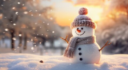 Fototapeta premium Cute snowman with hat and scarf is outside on sunny day in winter.