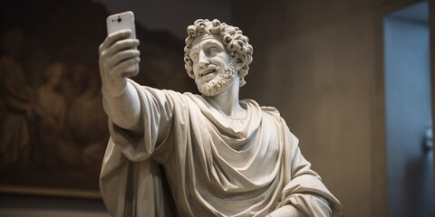 Antique stone statue taking selfie on phone , concept of Vintage art - obrazy, fototapety, plakaty