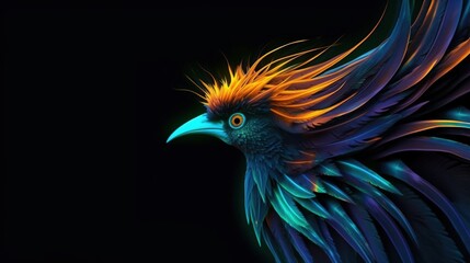 Profile of an unreal bird on a black background. Illustration for cover, card, postcard, interior design, banner, poster, brochure or presentation.