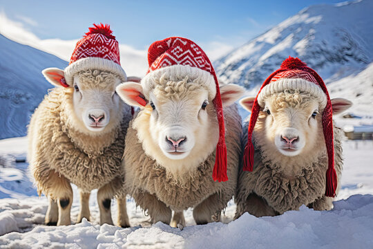 Drei Schafe mit wärmender, roter Strickmütze auf dem Kopf in tiefverschneiter Winterlandschaft. Generative AI