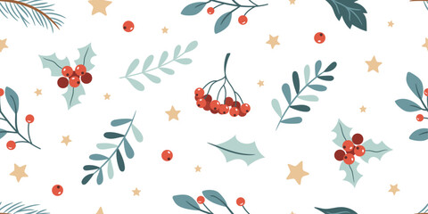 Christmas pattern with berries, stars and leaves