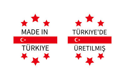 Made in Turkiye labels in English and in Turkish languages. Quality mark vector icon. Made in Turkey.  Perfect for logo design, tag, badge, sticker, emblem, product package, etc.