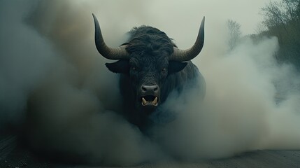 Naklejka premium A fearsome bull from another world. A demonic bull running towards us.