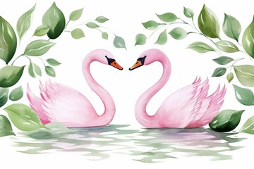 Watercolor pattern of swans, pink hearts, water lilies, and green leaves on white background. Ideal for design, cards, banners, paper. Generative AI