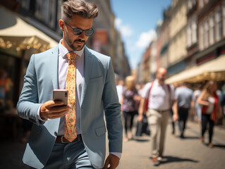 People busy using mobile phone while walking on street Generative AI	