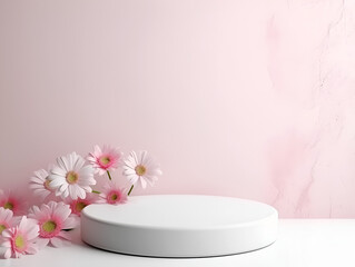 Minimalistic mock up podium with pink flowers and soft pink background wall for product presentation 