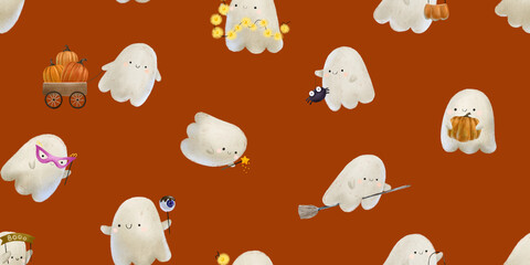 Seamless pattern with ghosts for Halloween. Scary illustration for children. hand-drawn picture