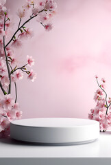 Minimalistic white mock up podium with pink blossom flowers and soft pink background wall for product presentation 