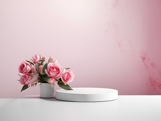 Minimalistic mock up podium with pink roses and soft pink background wall for product presentation 