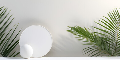 Minimalistic white mock up shelf scene with a green plant, product presentation concept 