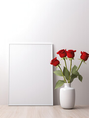 Empty white frame mock up with red roses in vase, white background