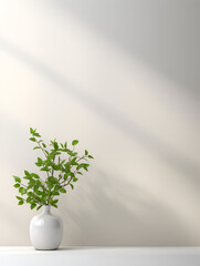 Minimalistic white mock up shelf scene with a green plant, product presentation concept 