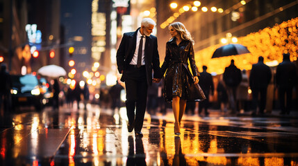 Senior style couple walk on a street