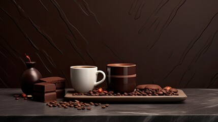 cups of hot chocolate and arranged pieces of chocolate on a smooth dark concrete background.