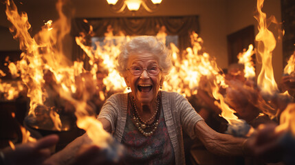 Grandmother tries to light a fireplace in the house