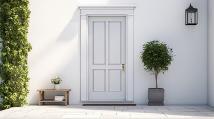white front door with small square decorative windows and flower pots - obrazy, fototapety, plakaty