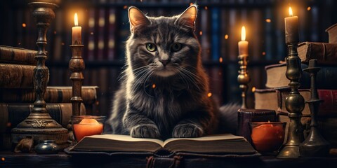 Curious cat wandering through a library of mystical books, concept of Library exploration