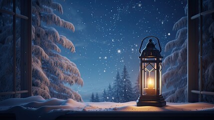 of a snowy landscape seen through a window, with a lantern softly illuminating the scene.