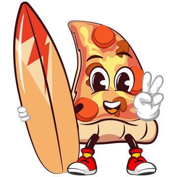 recommend clip art: vector mascot character of a slice of pizza carrying a surfboard