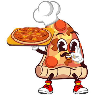 vector mascot character of a slice of pizza wearing a chef's hat and serving a whole pizza