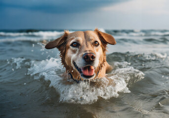 Happy-looking dog swimming in sea towards viewer
