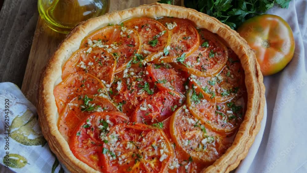 Wall mural round puff pastry pie tart with tomato. rotate.