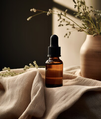 Face serum in dark glass bottle on table with plants, contemporary eco design	