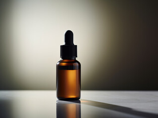 Face serum in dark glass bottle on table