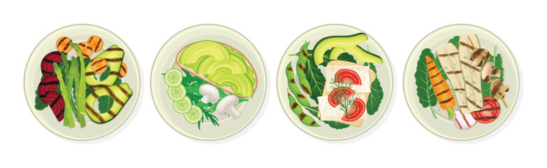 Different Dish and Meal Served on Plate Above View Vector Set