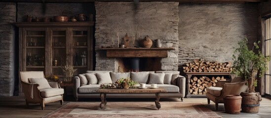 Charming vintage furniture enhances rustic home s living room With copyspace for text