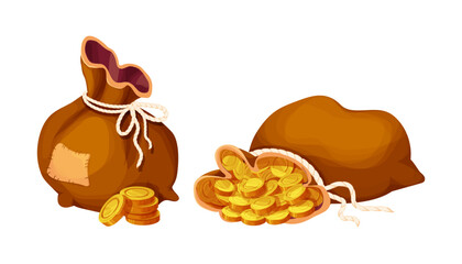 Set Money bag, sack with golden coins in cartoon style isolated on white. Game element asset success, trophy. 