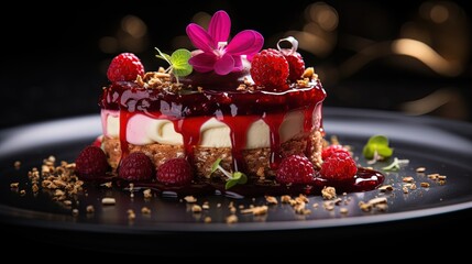 close up luxury fine dining garnished dessert with bokeh light, cheesecake , Generative Ai