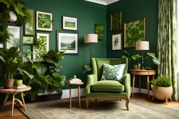 cozy armchair placed in the corner of a lush green living room. 