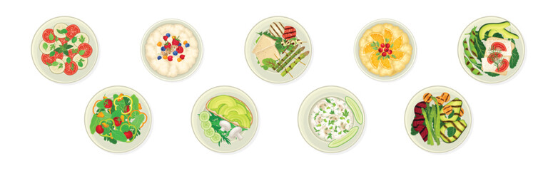 Different Dish and Meal Served on Plate Above View Vector Set
