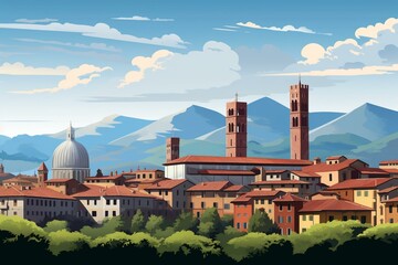 Urban cityscape of Lucca, Italy with modern buildings, skyscraper silhouette, and captivating Tuscany views. Generative AI - obrazy, fototapety, plakaty