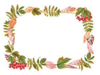 Horizontal frame with autumn leaves and bunch of ripe viburnum berries, rowan berries. Guelder rose, Sorbus aucuparia, mountain-ash, quick beam. Watercolor illustration. Space for text